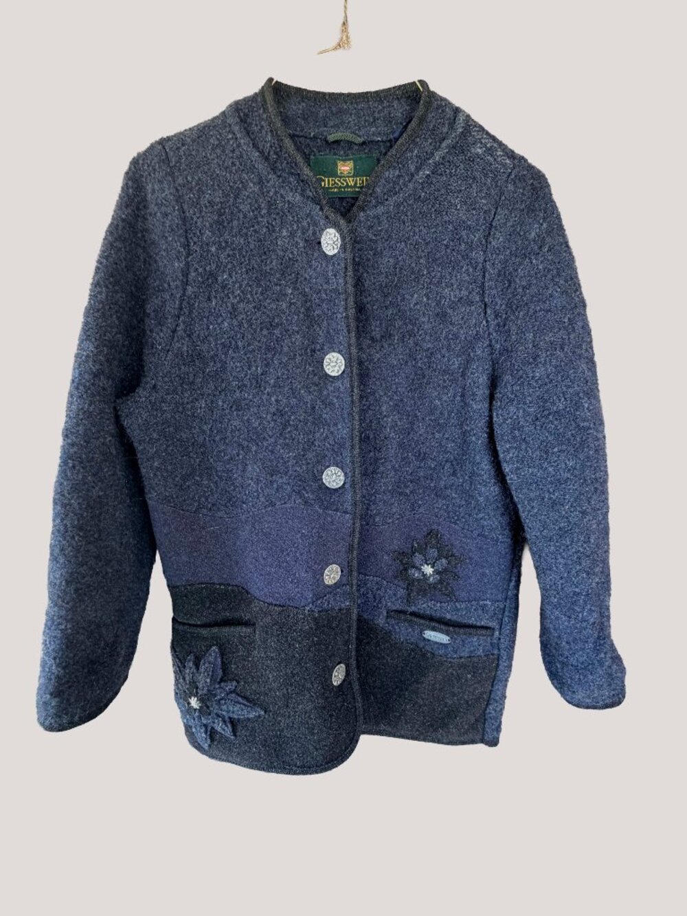 Vintage Giesswein Boiled Wool Edelweiss Jacket Navy Alpine Trachten Size L